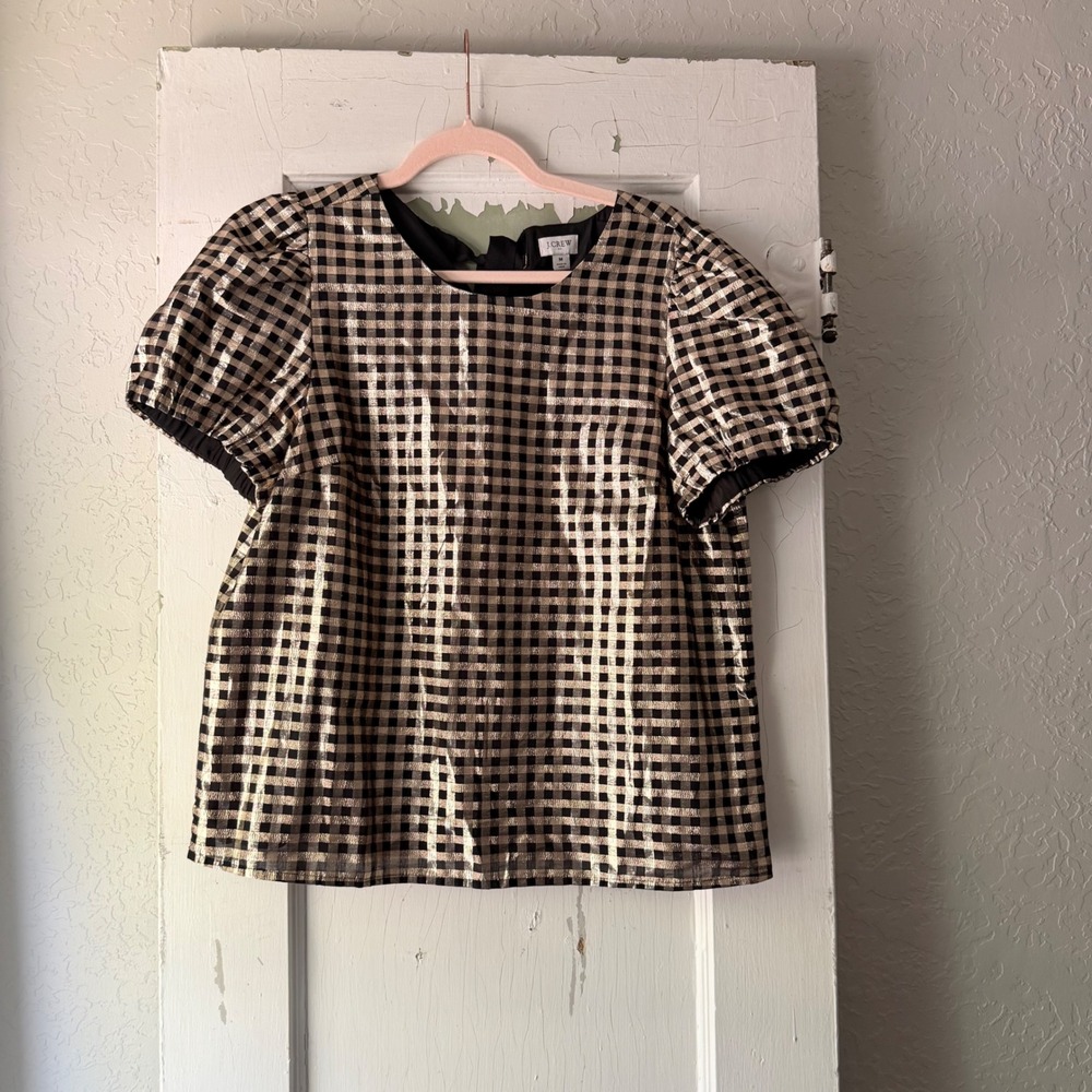 J.Crew Womens Metallic Gingham Puff Sleeve Tie Back Top Gold Black Size M